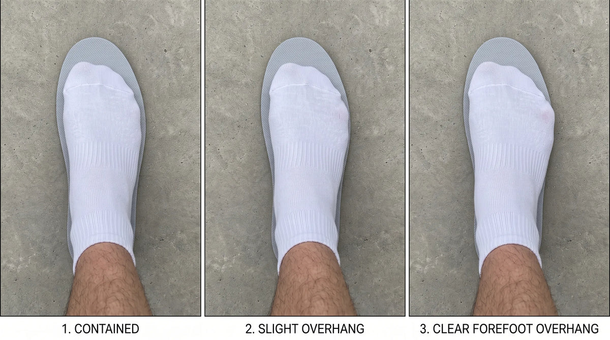 Three-panel diagram showing trainer insole width test: contained foot, slight forefoot overhang, and clear excessive overhang