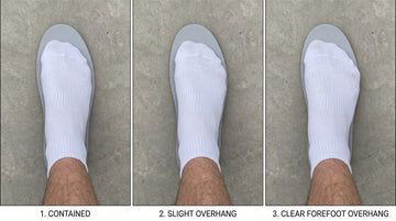 Three-panel diagram showing trainer insole width test: contained foot, slight forefoot overhang, and clear excessive overhang