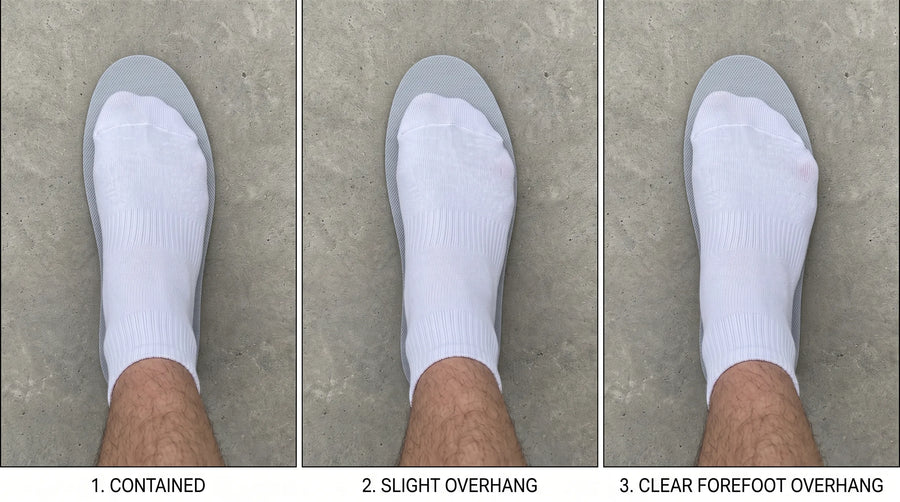 Three-panel diagram showing trainer insole width test: contained foot, slight forefoot overhang, and clear excessive overhang