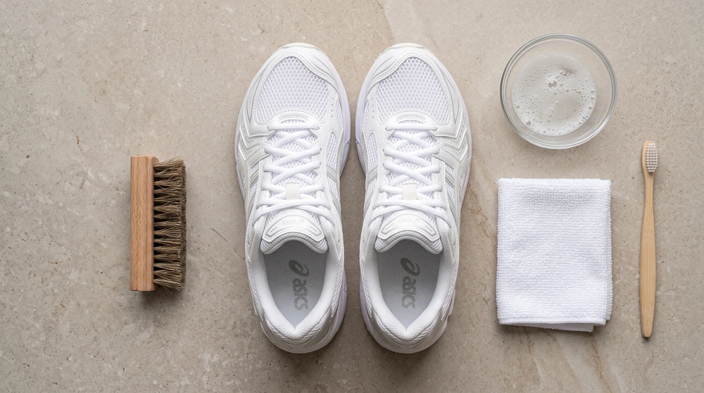 Cleaning white mesh trainers by hand with a soft brush and microfiber cloth