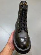 Chanel Black Calfskin CC Cap-Toe Platform Boots