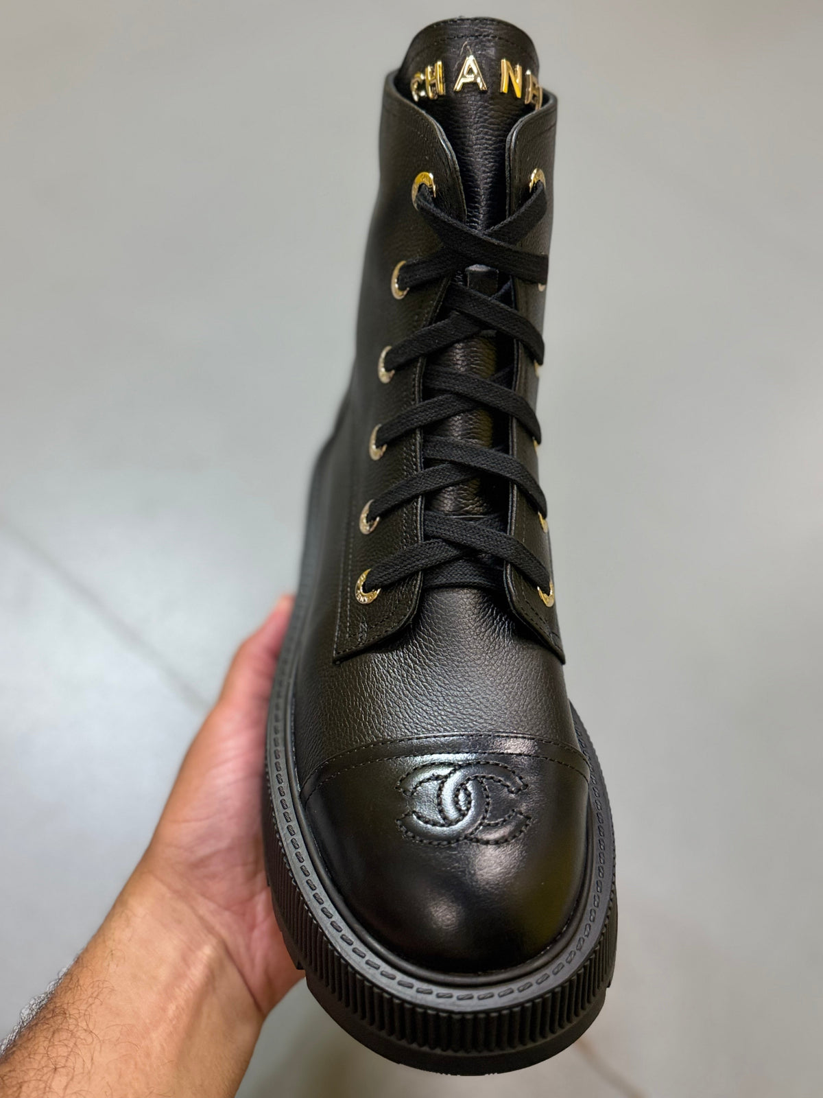 Chanel Black Calfskin CC Cap-Toe Platform Boots