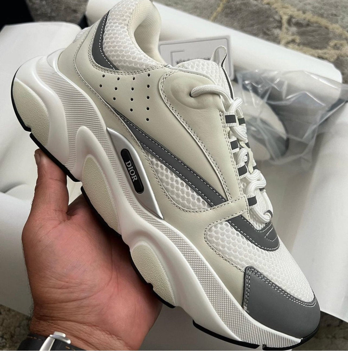 Dior B22 White & Silver-Tone Mesh Trainers