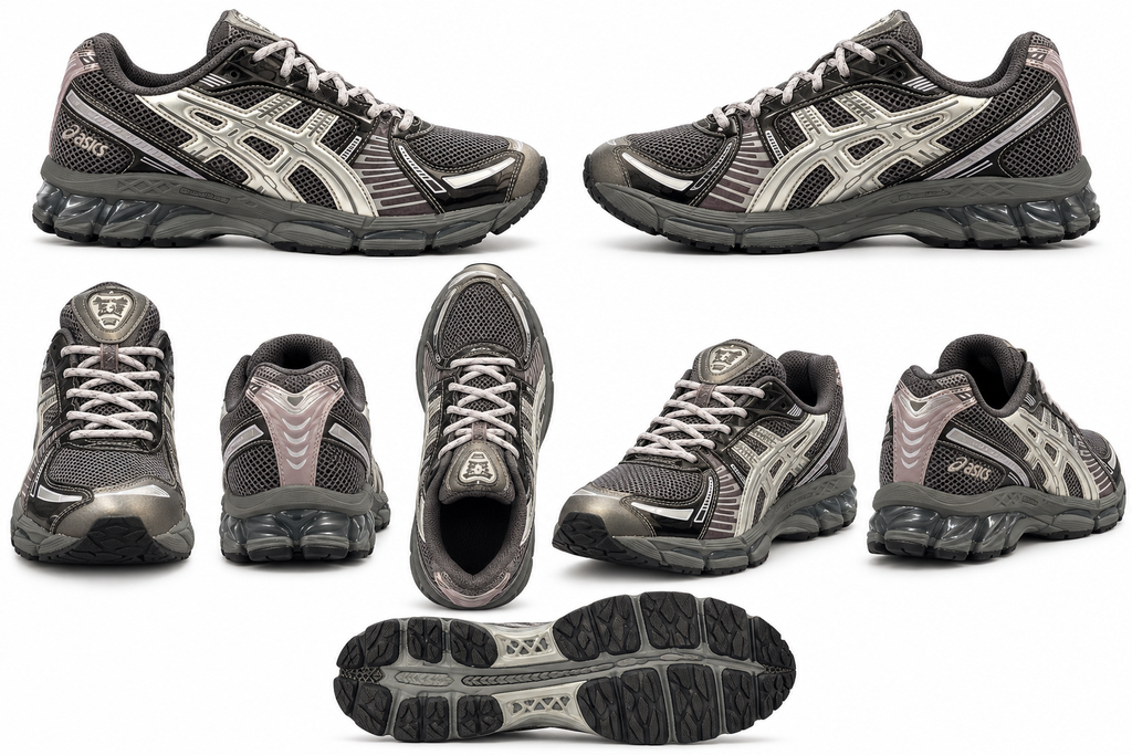 ASICS x Kith GEL-KAYANO Charcoal mesh and silver overlays, pale laces
