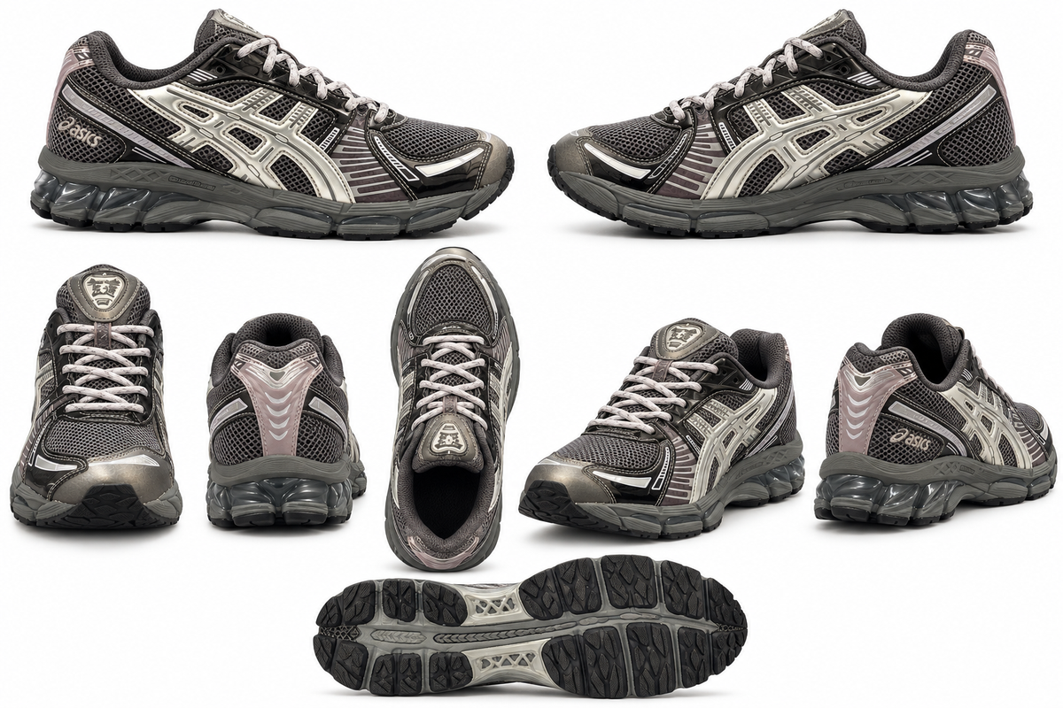ASICS x Kith GEL-KAYANO Charcoal mesh and silver overlays, pale laces