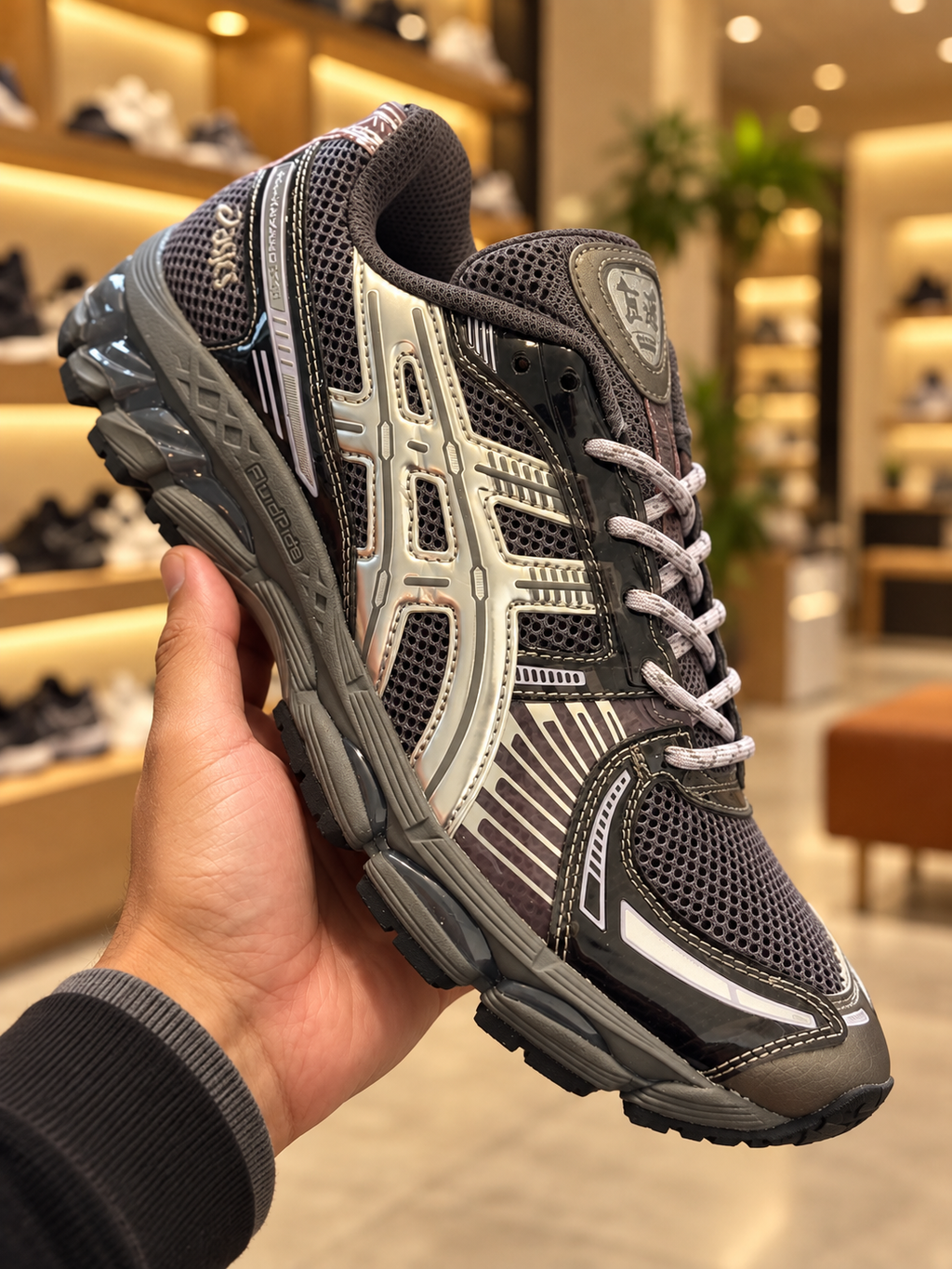 ASICS x Kith GEL-KAYANO Charcoal mesh and silver overlays, pale laces