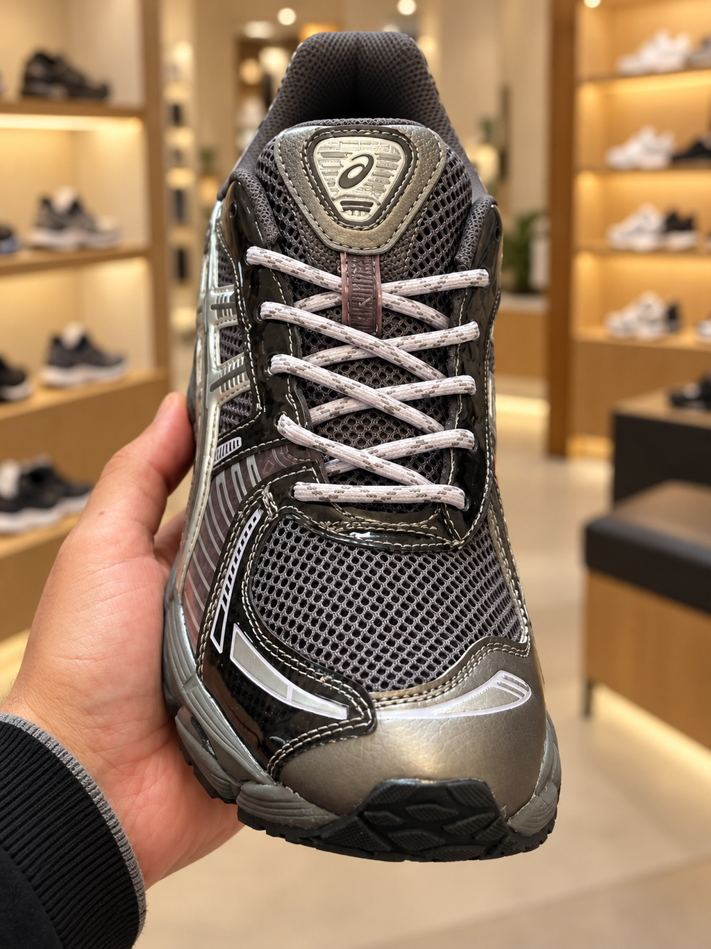 ASICS x Kith GEL-KAYANO Charcoal mesh and silver overlays, pale laces