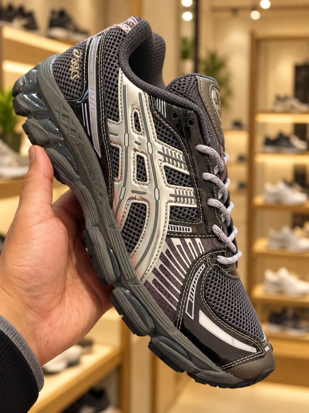 ASICS x Kith GEL-KAYANO Charcoal mesh and silver overlays, pale laces