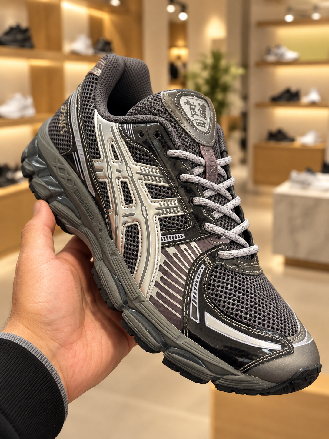ASICS x Kith GEL-KAYANO Charcoal mesh and silver overlays, pale laces