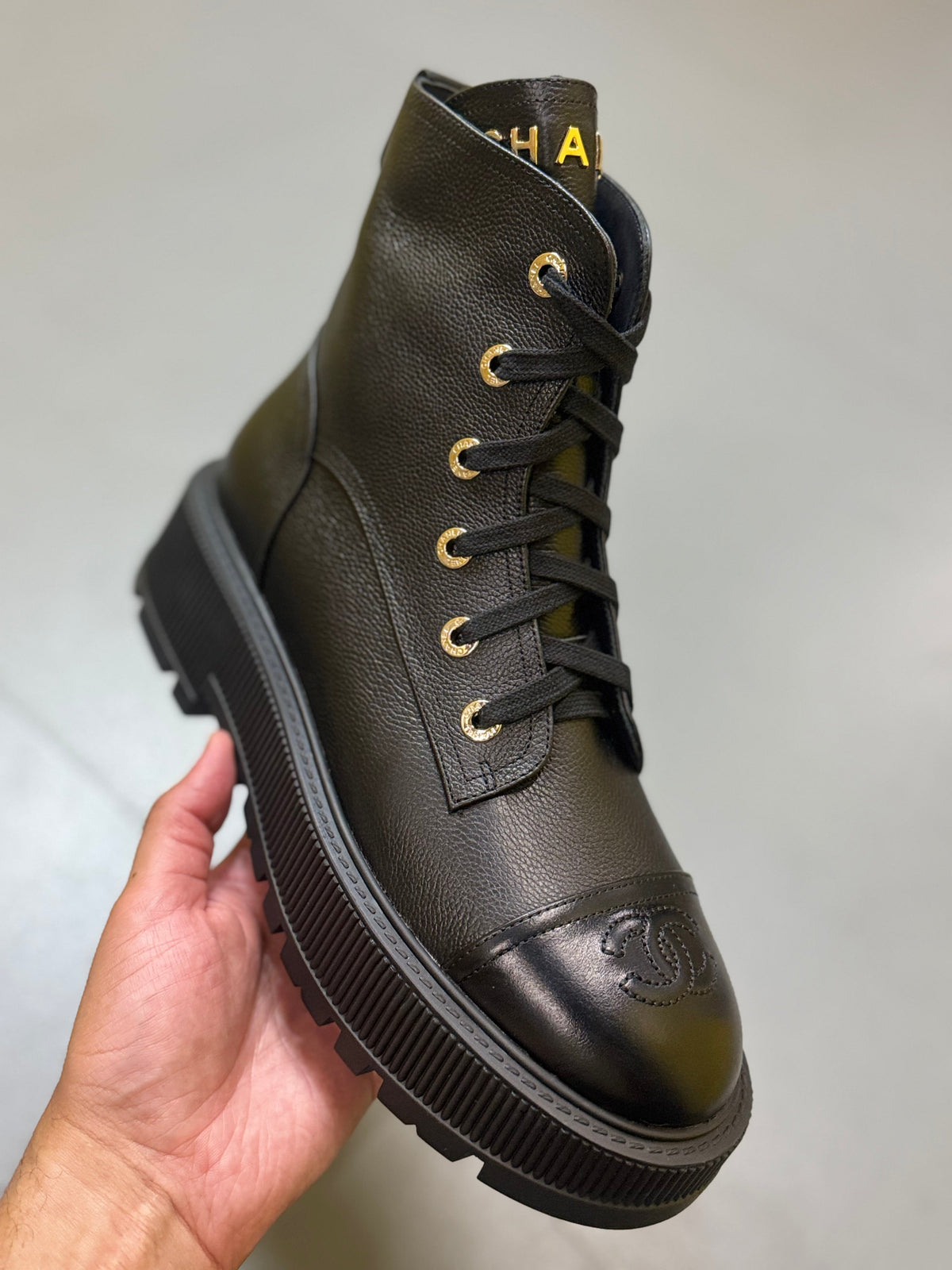 Chanel Black Calfskin CC Cap-Toe Platform Boots