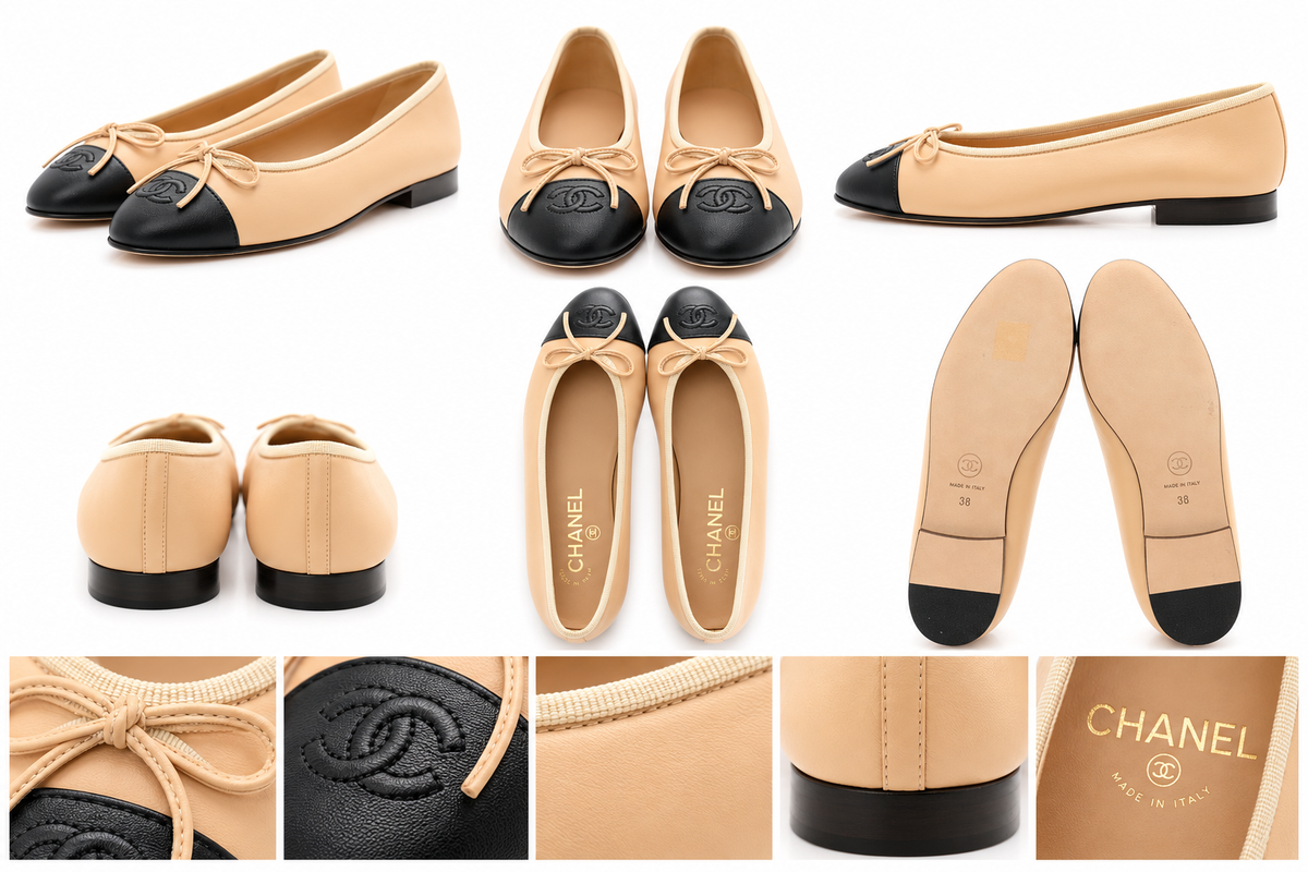 Chanel Beige & Black Cap-Toe Ballet Flats