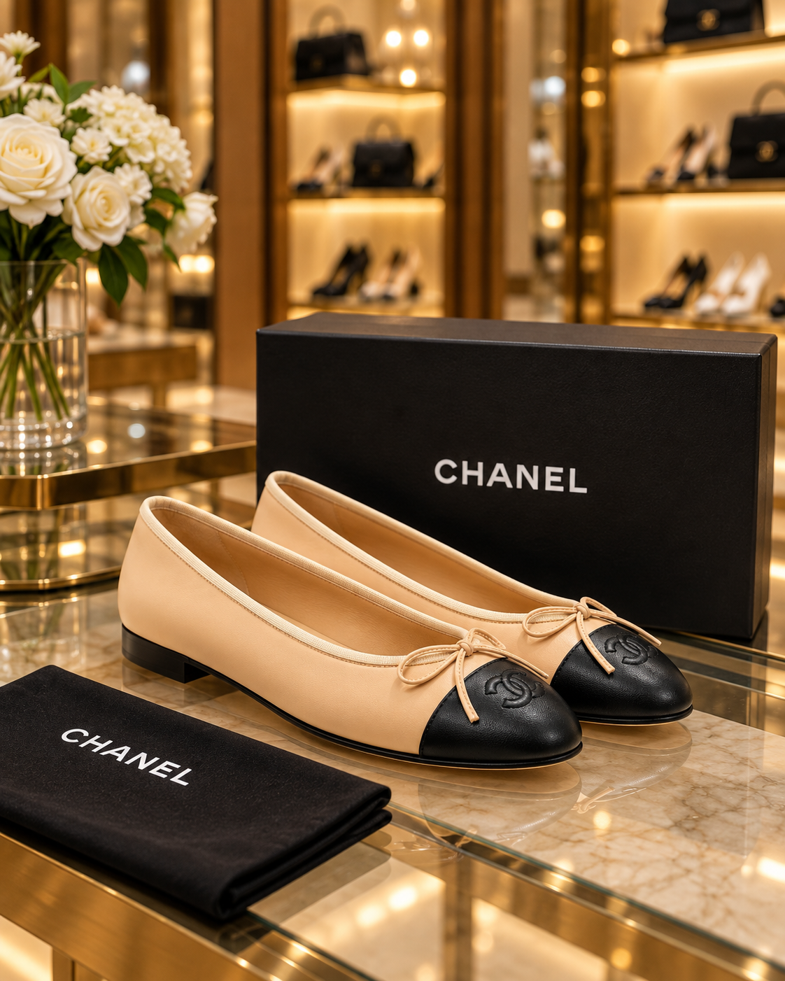 Chanel Beige & Black Cap-Toe Ballet Flats