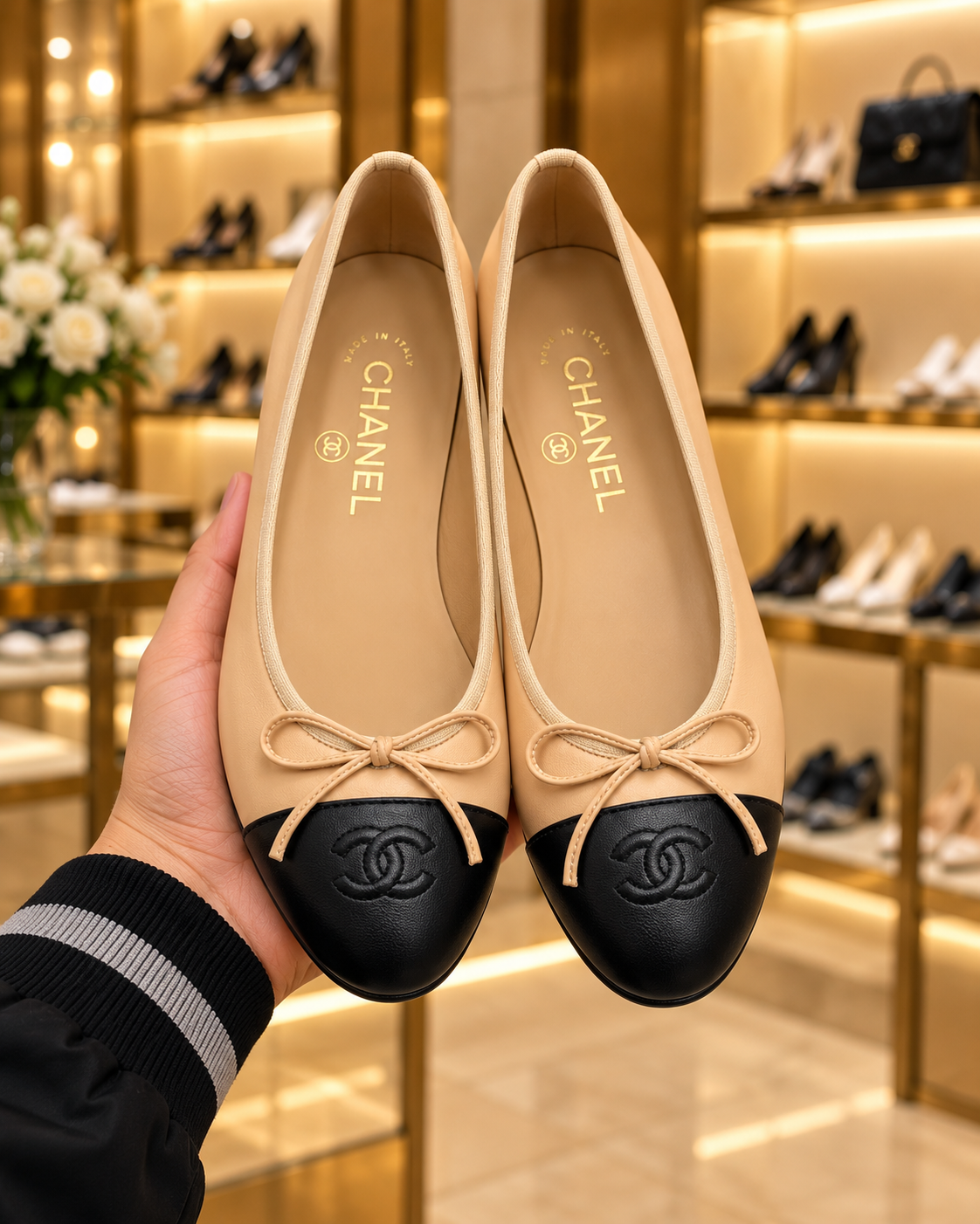 Chanel Beige & Black Cap-Toe Ballet Flats