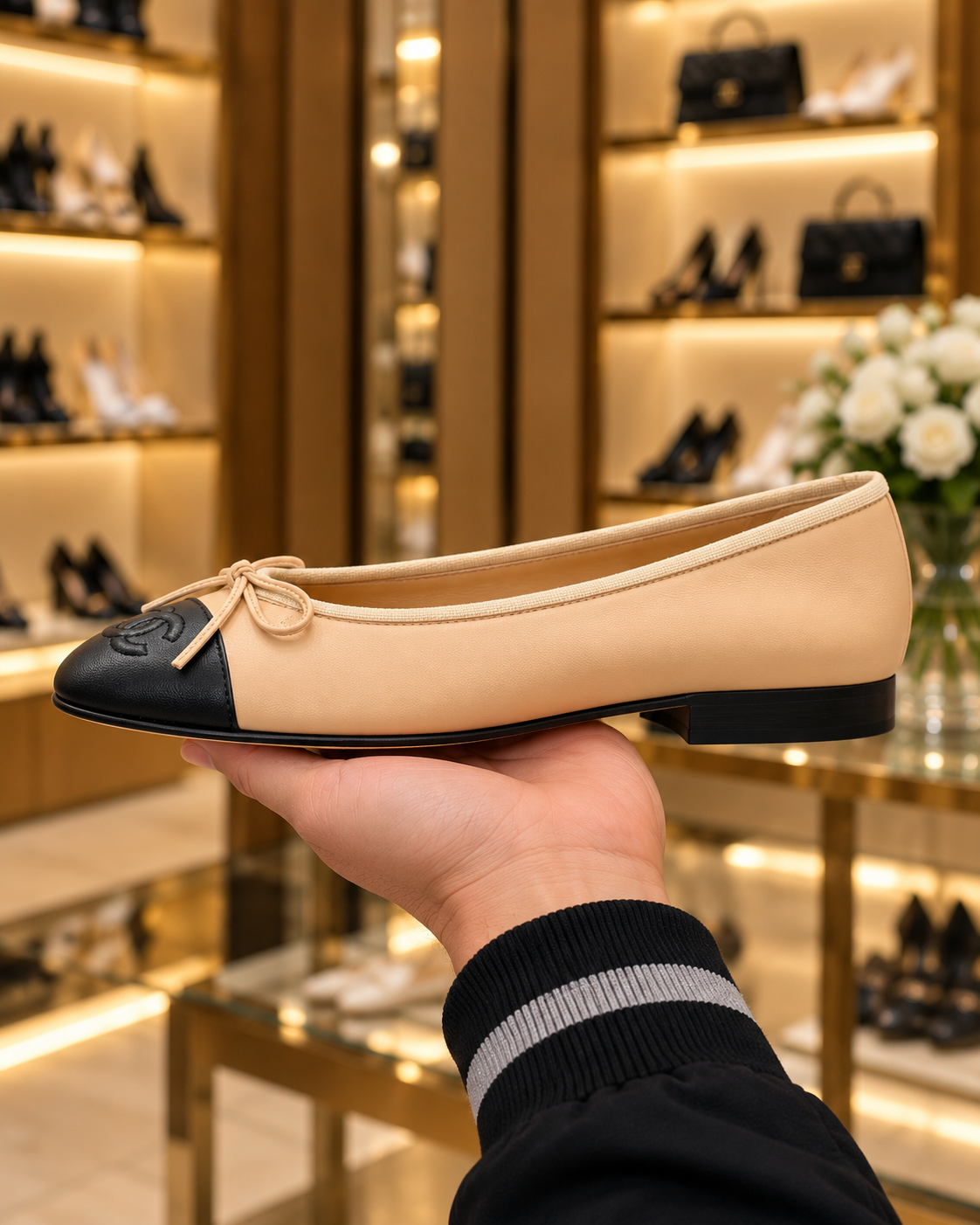 Chanel Beige & Black Cap-Toe Ballet Flats