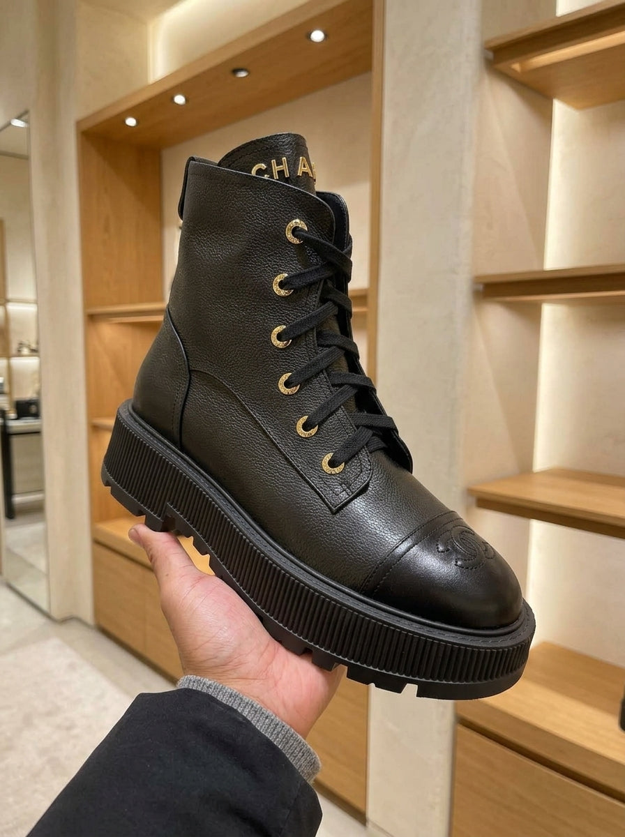 Chanel Black Lace-Up Boots