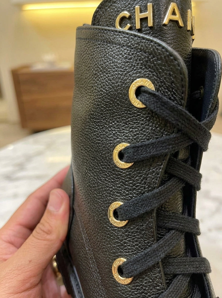 Chanel Black Lace-Up Boots