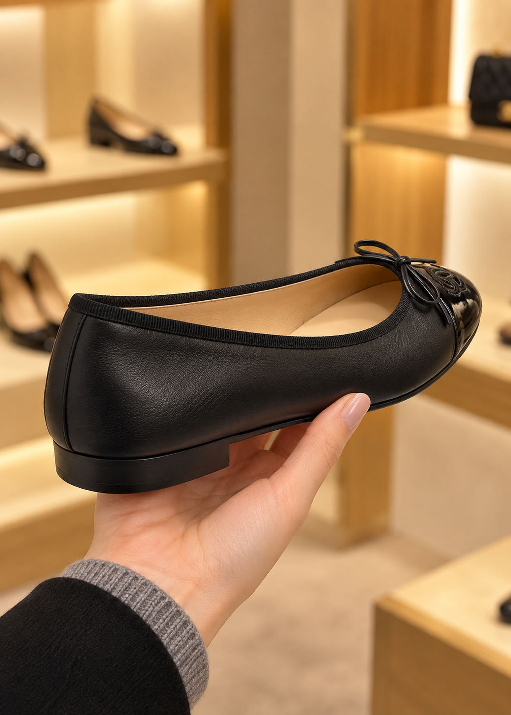 Chanel Black Leather CC Cap-Toe Ballet Flats
