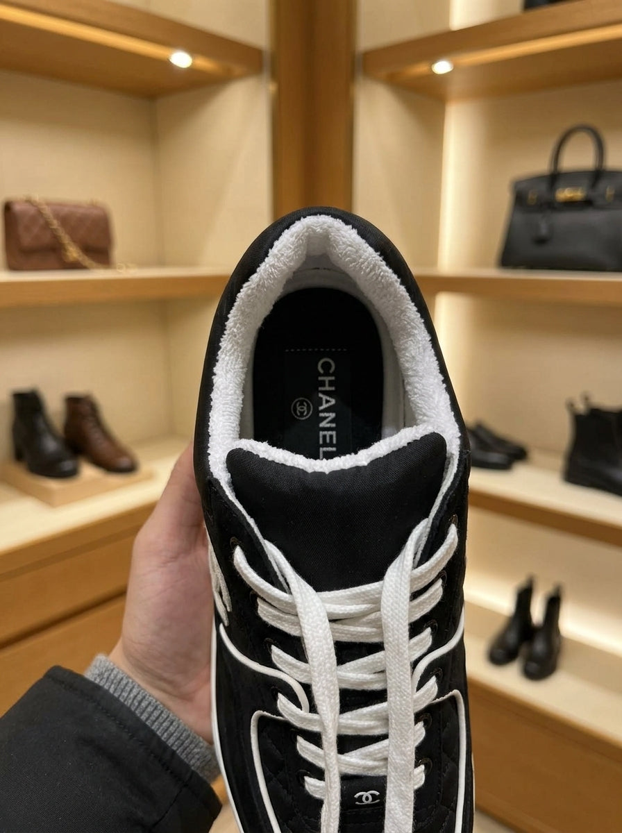 Chanel CC Black White Fabric & Suede Sneakers