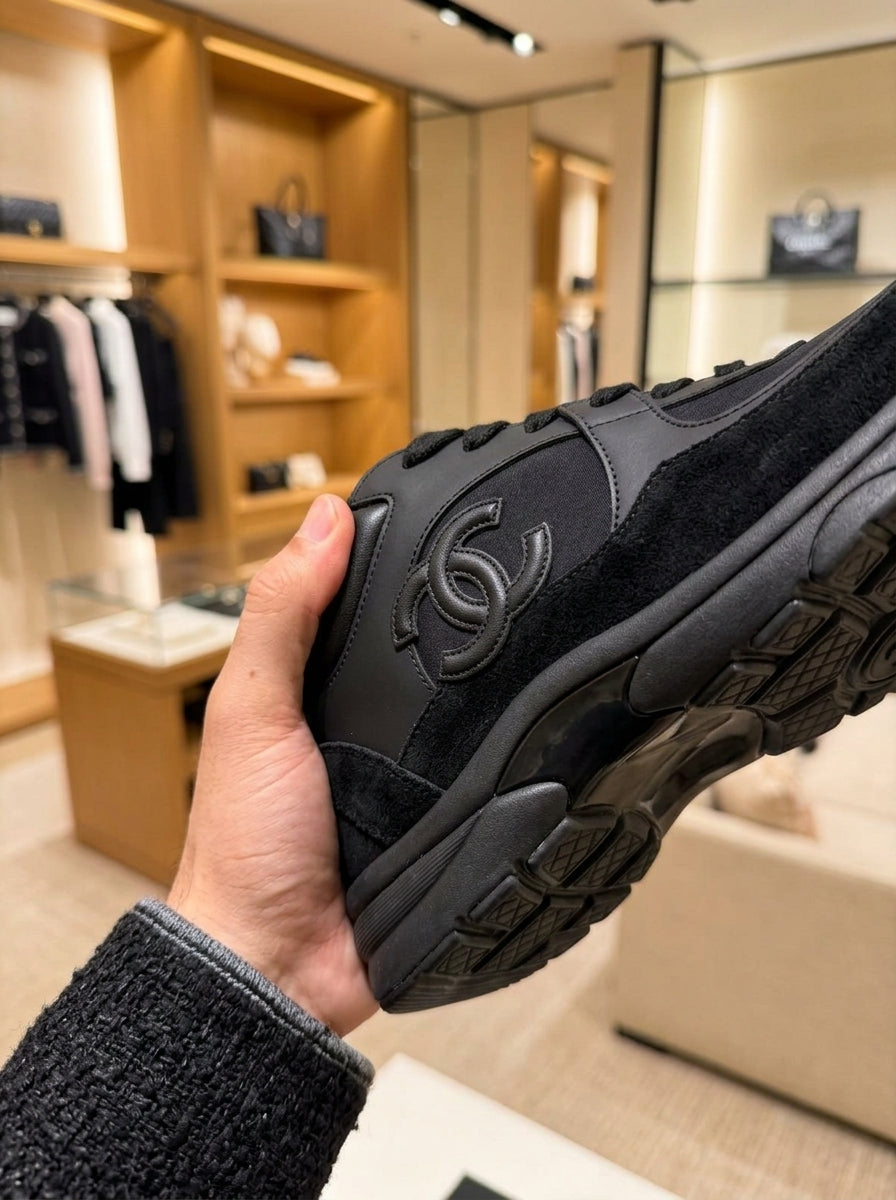 Chanel CC Logo Black Suede & Nylon Trainers