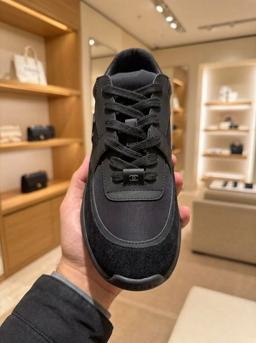 Chanel CC Logo Black Suede & Nylon Trainers
