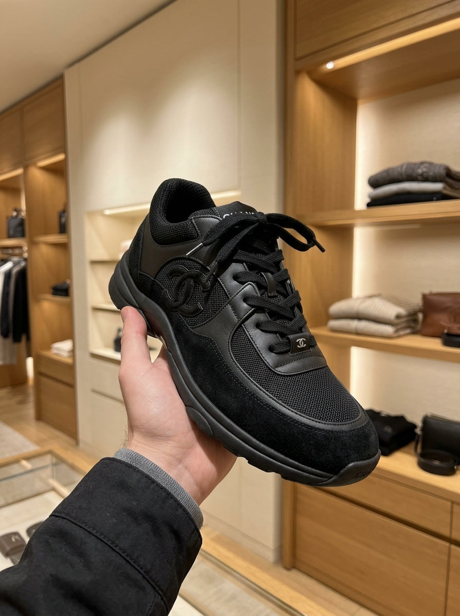 Chanel CC Logo Black Suede & Nylon Trainers