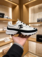 Chanel CC White & Black Leather Suede Trainers