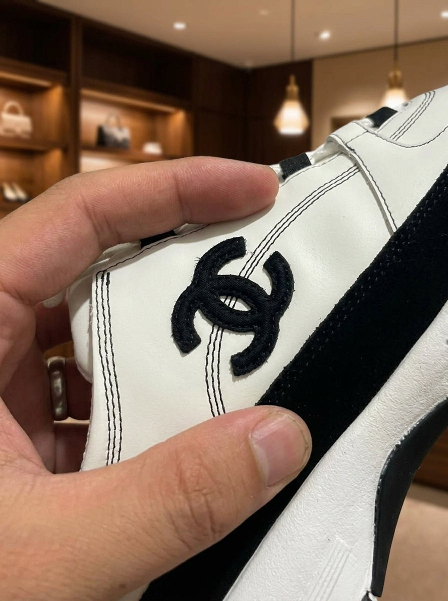 Chanel CC White & Black Leather Suede Trainers