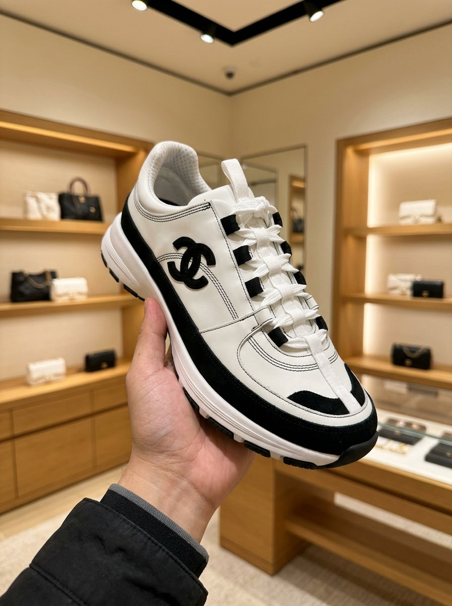 Chanel CC White & Black Leather Suede Trainers