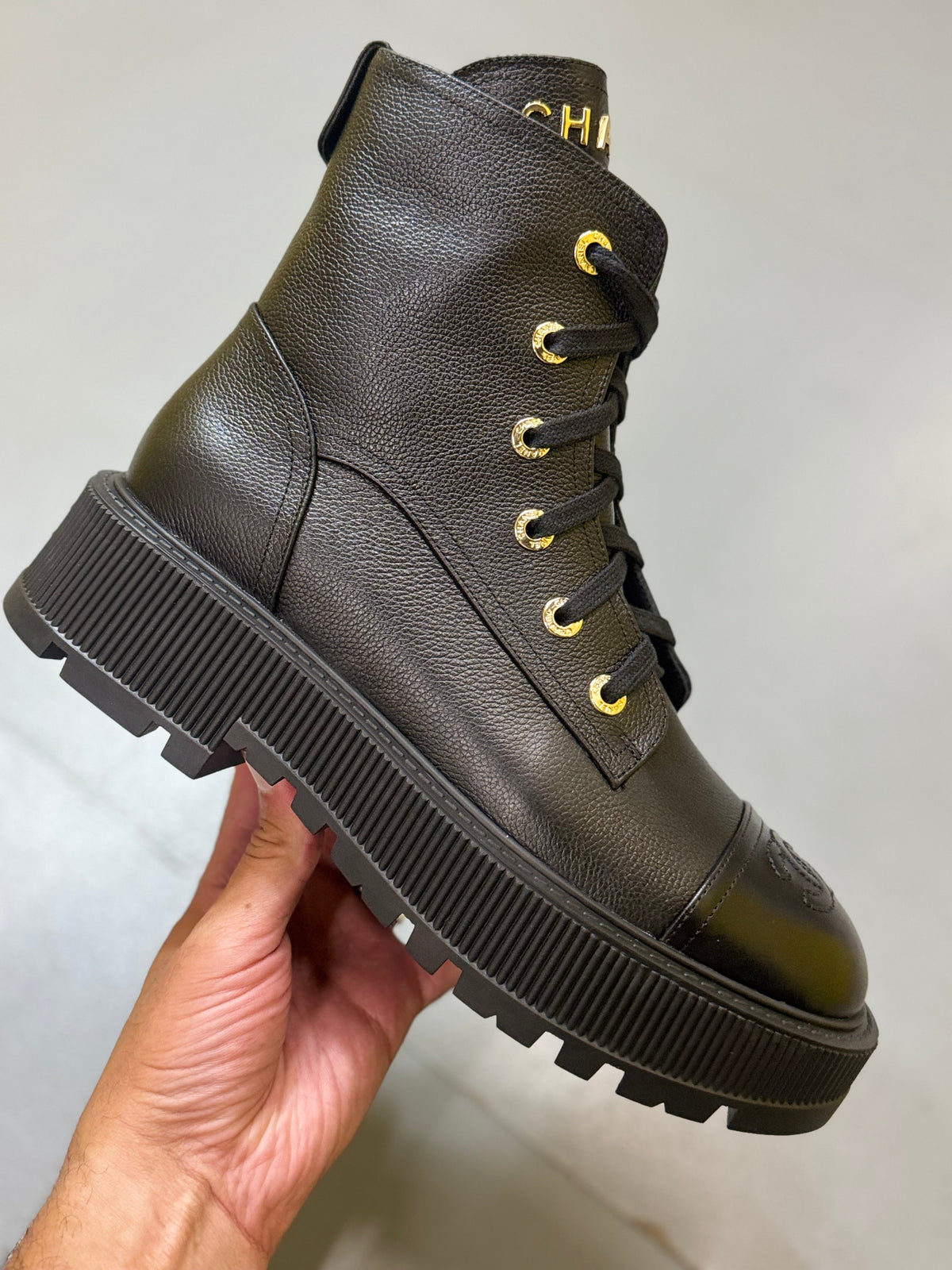 Chanel Black Calfskin CC Cap-Toe Platform Boots