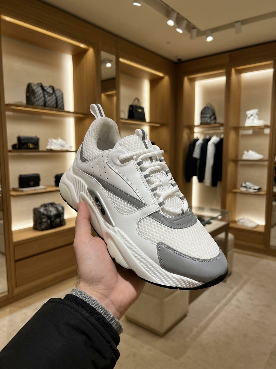 Dior B22 White & Silver-Tone Mesh Trainers