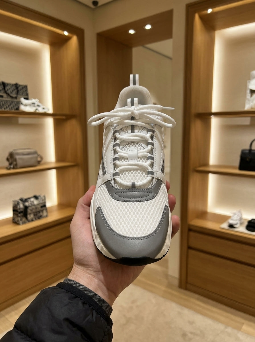 Dior B22 White & Silver-Tone Mesh Trainers