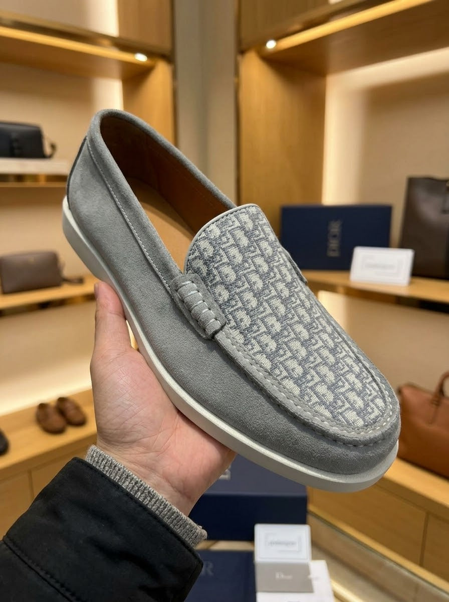 Dior Granville Grey Suede & Oblique Jacquard Loafers