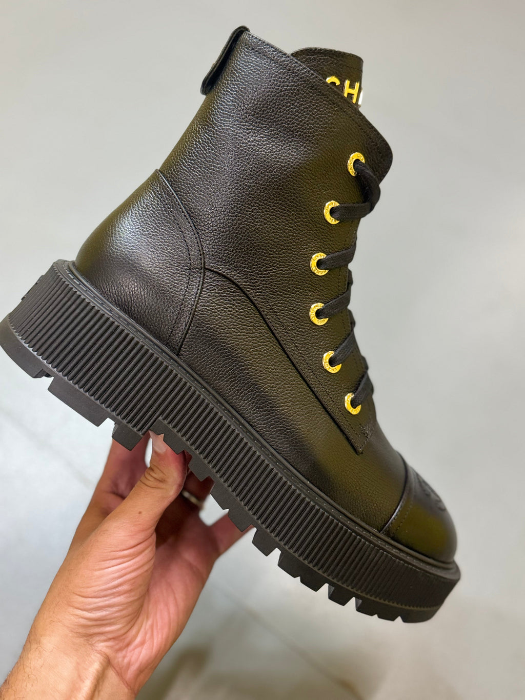 Chanel Black Calfskin CC Cap-Toe Platform Boots