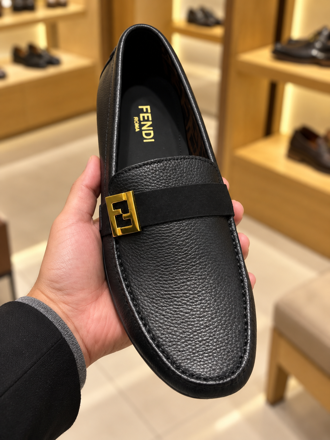 Fendi FF Squared Drivers Black Leather Loafers