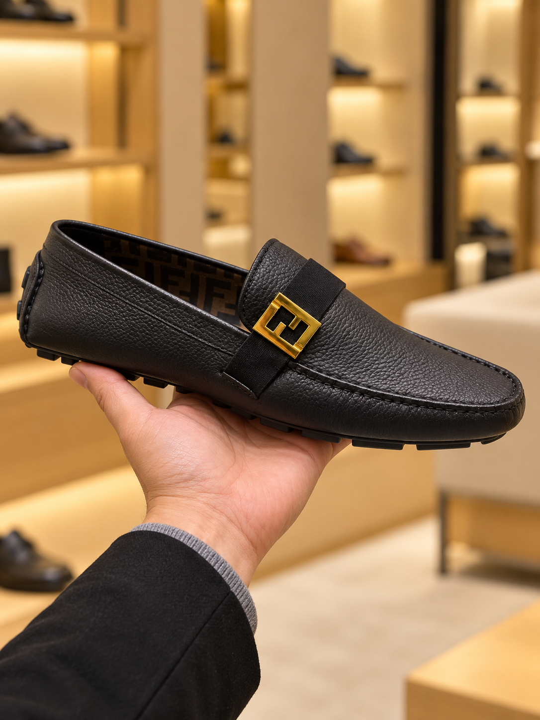 Fendi FF Squared Drivers Black Leather Loafers