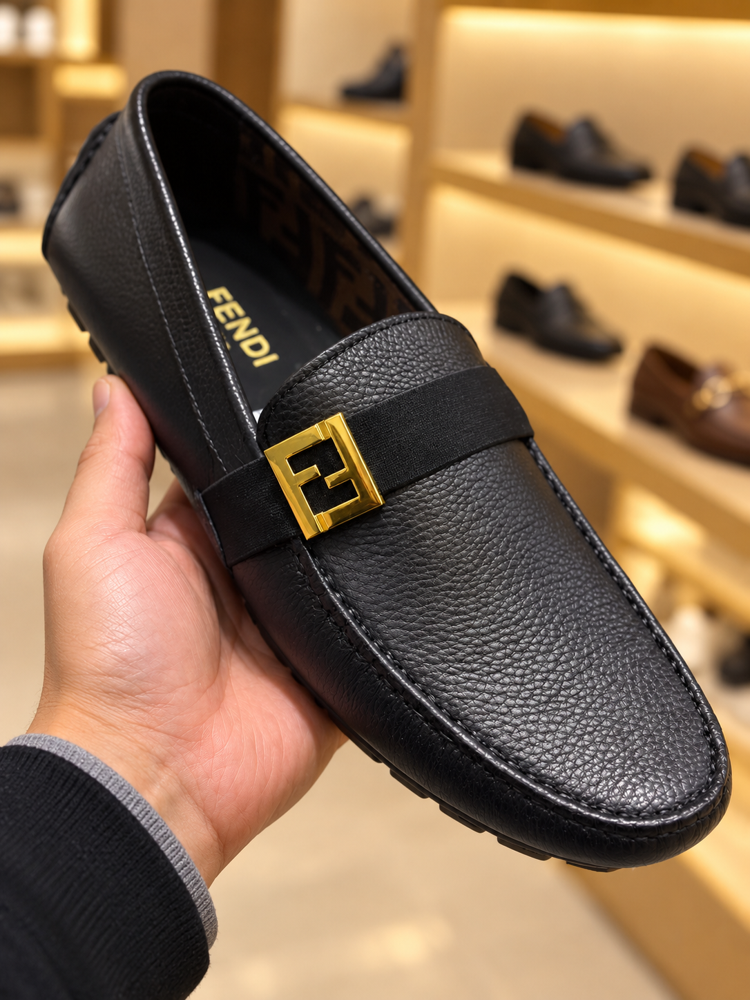 Fendi FF Squared Drivers Black Leather Loafers
