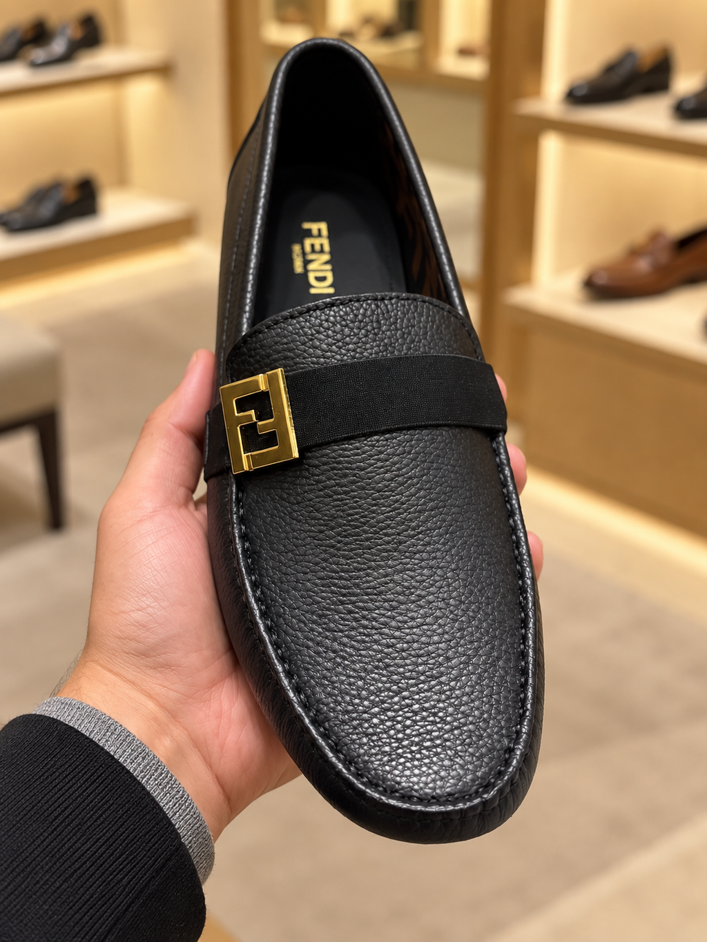 Fendi FF Squared Drivers Black Leather Loafers