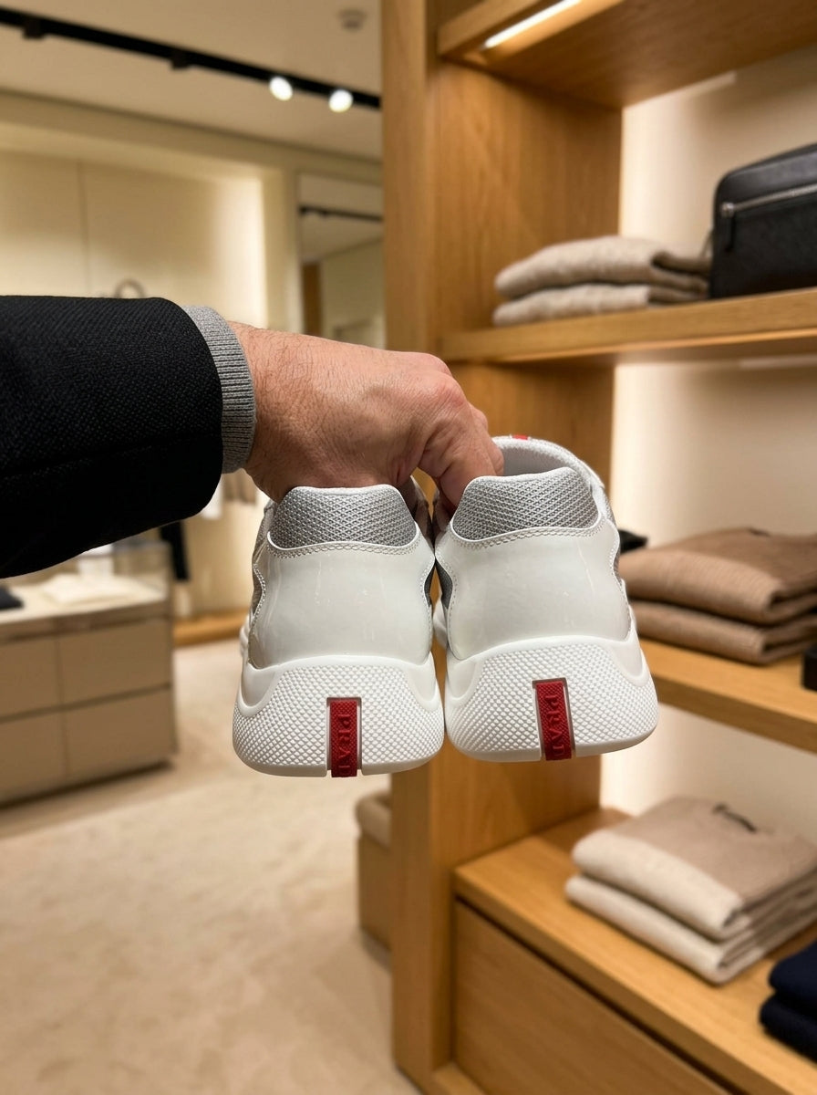Prada America’s Cup White/Silver Patent Leather Trainers