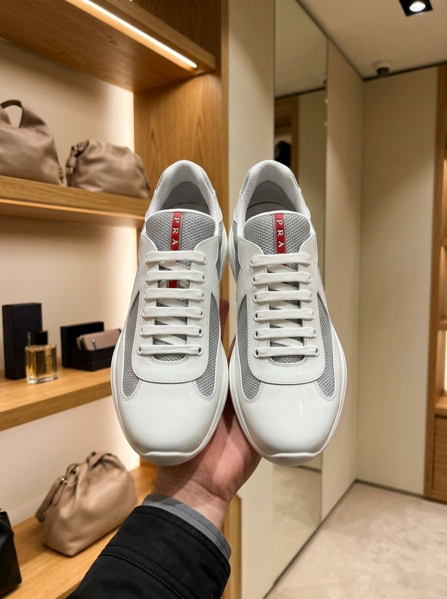 Prada America’s Cup White/Silver Patent Leather Trainers