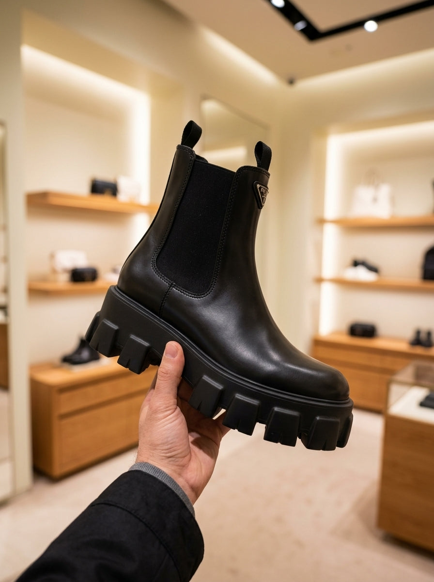 Prada Monolith Black Brushed Leather Chelsea Boots