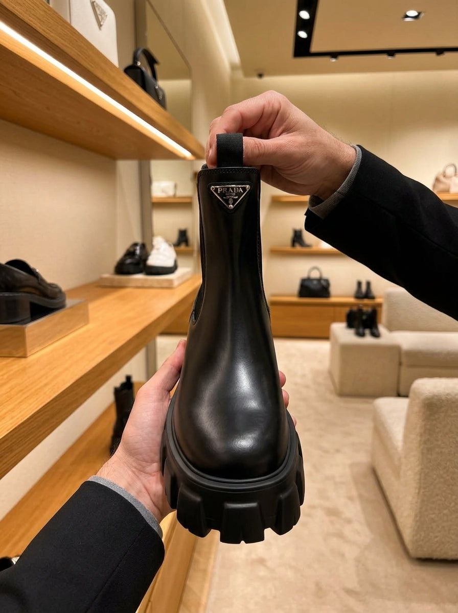 Prada Monolith Black Brushed Leather Chelsea Boots