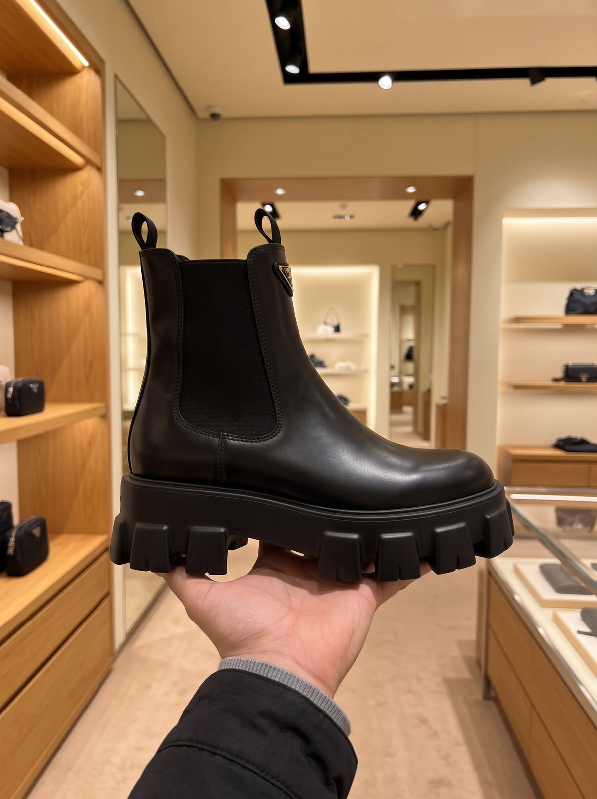 Prada Monolith Black Brushed Leather Chelsea Boots