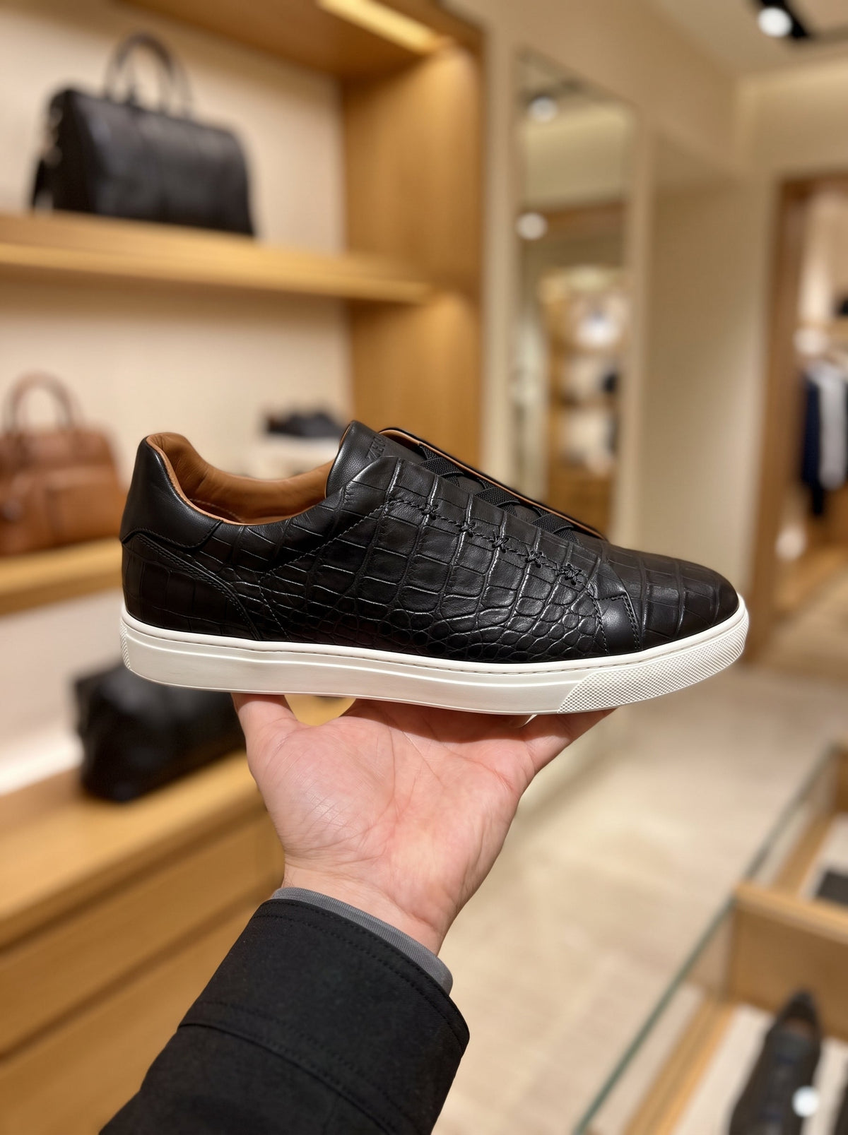 ZEGNA Triple Stitch Navy Alligator Leather Trainers