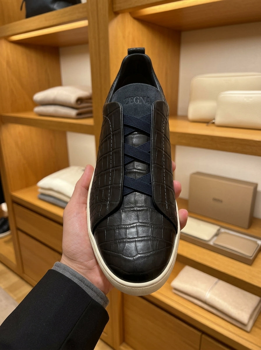 ZEGNA Triple Stitch Navy Alligator Leather Trainers