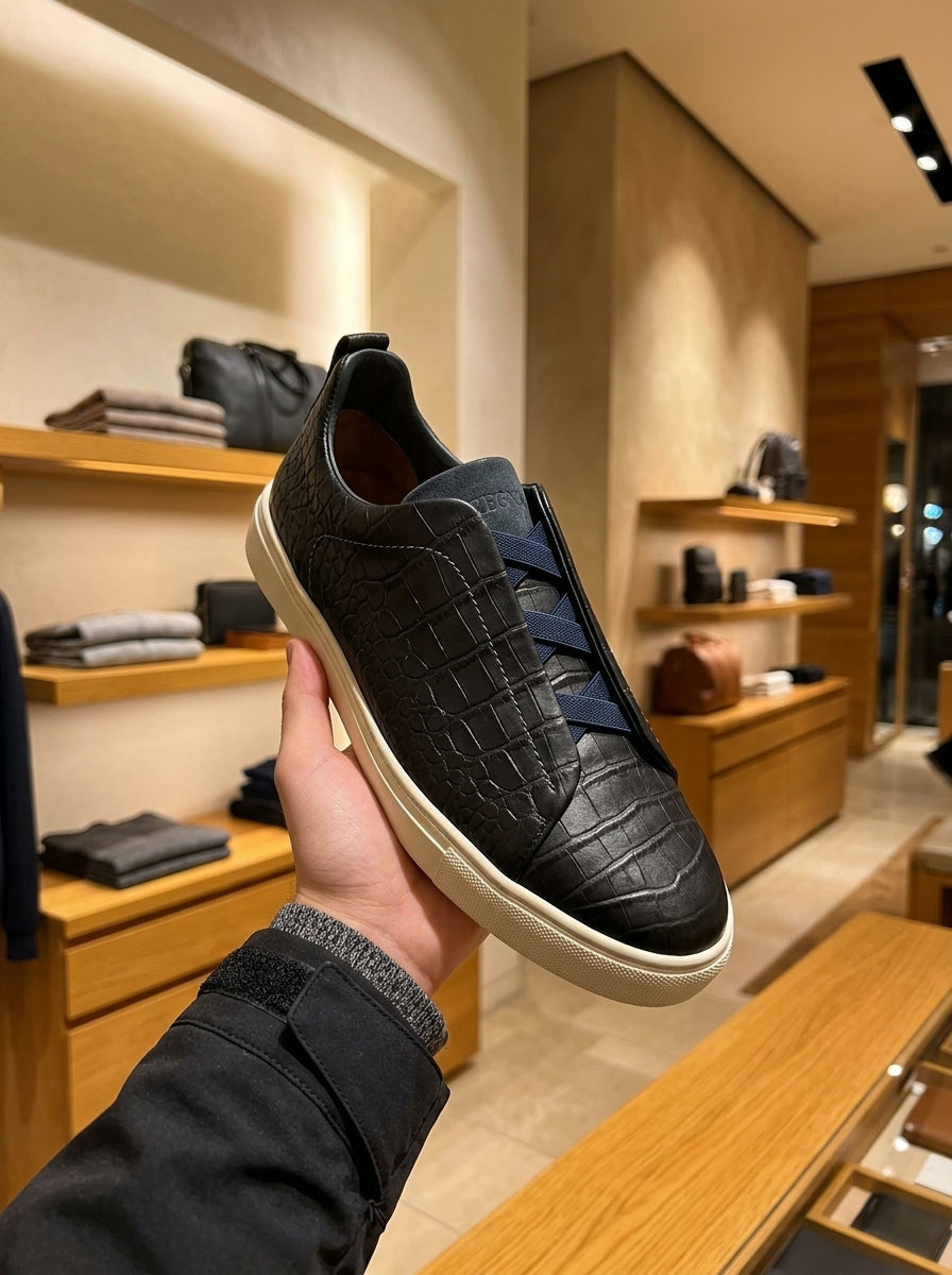 ZEGNA Triple Stitch Navy Alligator Leather Trainers