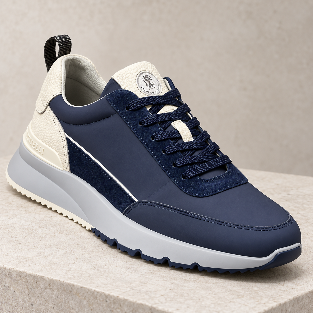 Brunello Cucinelli navy and cream suede runner trainers editorial view