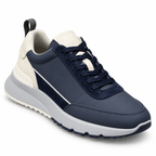 Brunello Cucinelli navy and cream suede runner trainers front three quarter view
