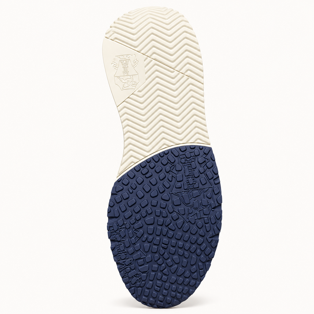 Brunello Cucinelli navy and cream suede runner trainers outsole view