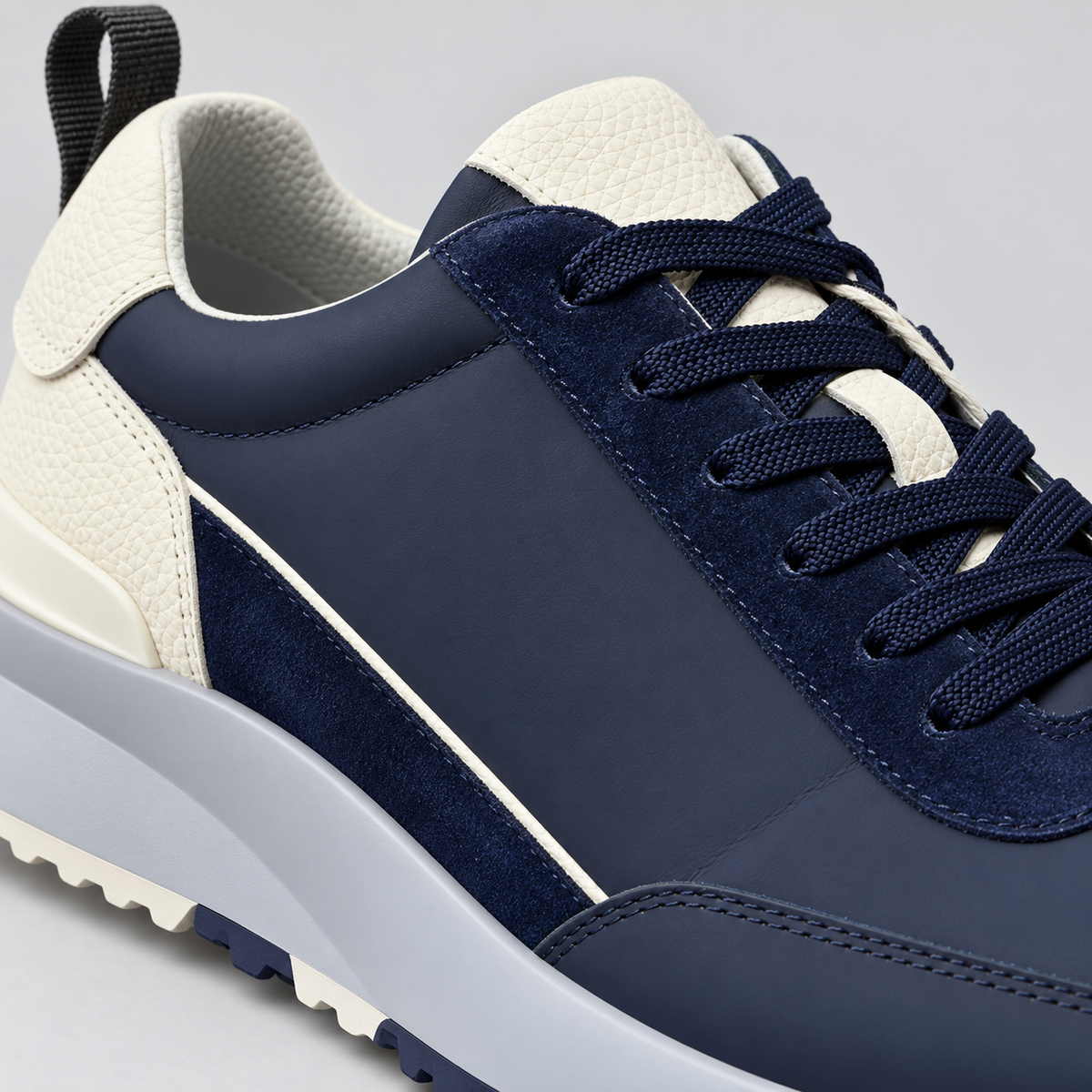 Brunello Cucinelli navy and cream suede runner trainers suede detail view