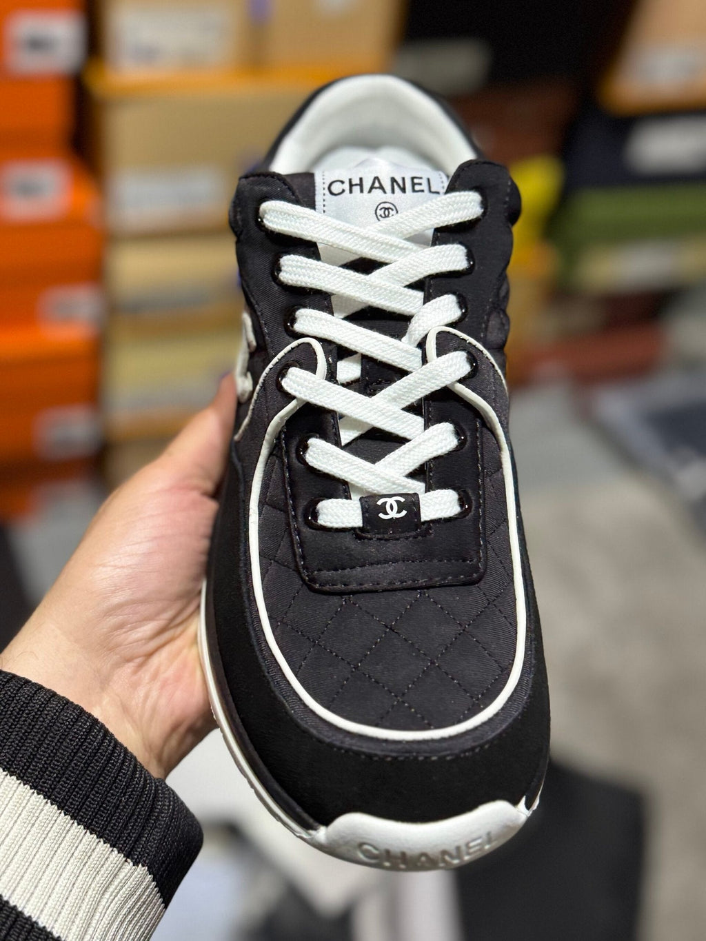 Chanel CC Black White Fabric & Suede Sneakers
